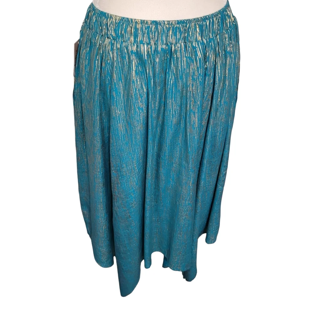 Nanette Lepore Teal Gold Metallic Midi Skirt Asymmetrical Festival Boho M NWT